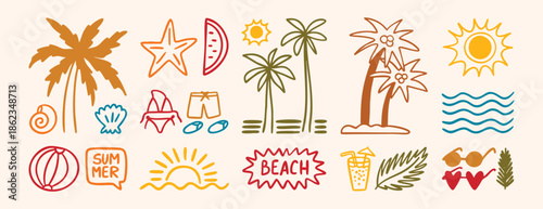 Doodle colorful line icons of palm trees, sun, waves, sunglasses, and beachwear. Palm trees and sun evoke a tropical vibe. Waves and beachwear suggest a summer theme. set, doodle.