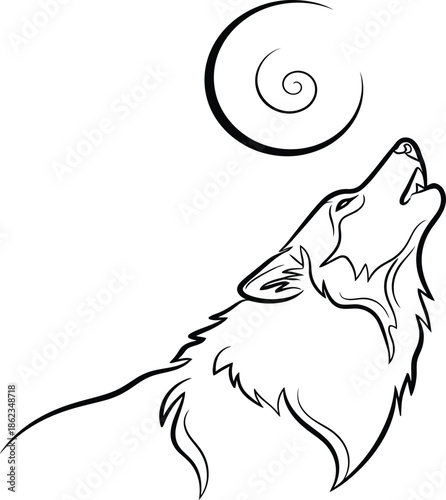 Minimalist line art of wolf howling at moon spiral night sky
