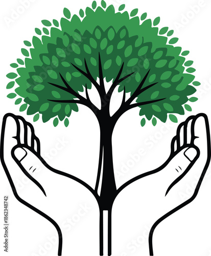 Human hands gently supporting a lush green tree, an emblem of environmental protection and sustainable growth