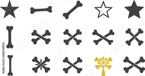A collection of star and bone illustrations in various shapes and styles, including a unique floral design, ideal for creative, holiday, or decorative-themed projects.