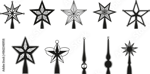 A collection of various Christmas tree toppers with star and angel designs in different styles, perfect for holiday decorations and seasonal celebrations, isolated on a white background.