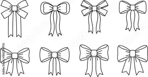 A set of various hand-drawn ribbon bow designs in black and white, perfect for decorative, craft, or holiday-themed projects and creating elegant, simple adornments for gifts and designs.