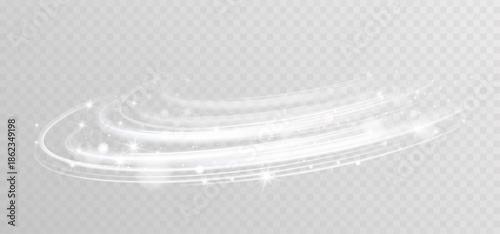 Abstract white light swirl with sparkling particles isolated on transparent background
