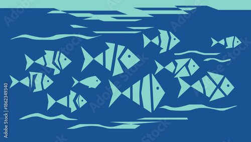 Stylized Fish School Swimming in Blue Water Illustration.