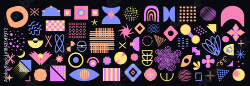 Memphis design geometric shapes set, brutal primitive figures of swiss design, vector forms and shapes of y2k style, color brutalist elements set