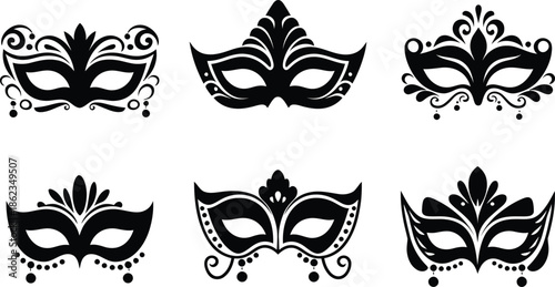 Masquerade Mask Silhouette Vector Collection. Set of decorative black Venetian carnival face masks for Mardi Gras party and costume design
