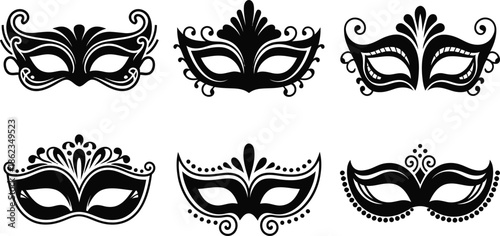 Masquerade Mask Silhouette Vector Collection. Set of decorative black Venetian carnival face masks for Mardi Gras party and costume design