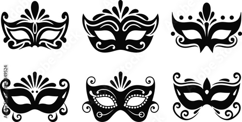 Masquerade Mask Silhouette Vector Collection. Set of decorative black Venetian carnival face masks for Mardi Gras party and costume design