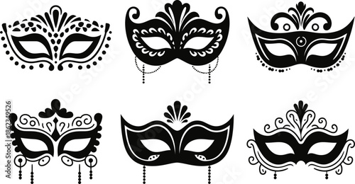 Masquerade Mask Silhouette Vector Collection. Set of decorative black Venetian carnival face masks for Mardi Gras party and costume design