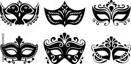 Masquerade Mask Silhouette Vector Collection. Set of decorative black Venetian carnival face masks for Mardi Gras party and costume design