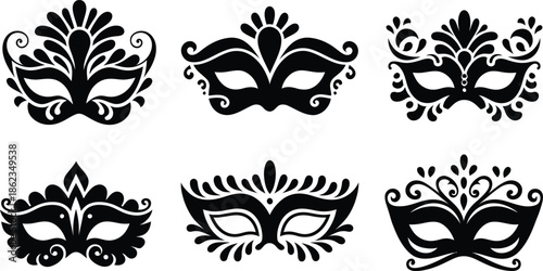 Masquerade Mask Silhouette Vector Collection. Set of decorative black Venetian carnival face masks for Mardi Gras party and costume design