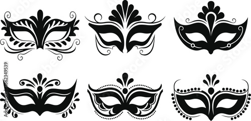 Masquerade Mask Silhouette Vector Collection. Set of decorative black Venetian carnival face masks for Mardi Gras party and costume design