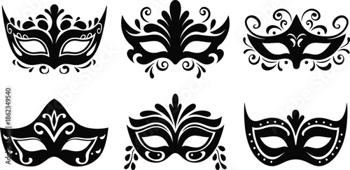 Masquerade Mask Silhouette Vector Collection. Set of decorative black Venetian carnival face masks for Mardi Gras party and costume design