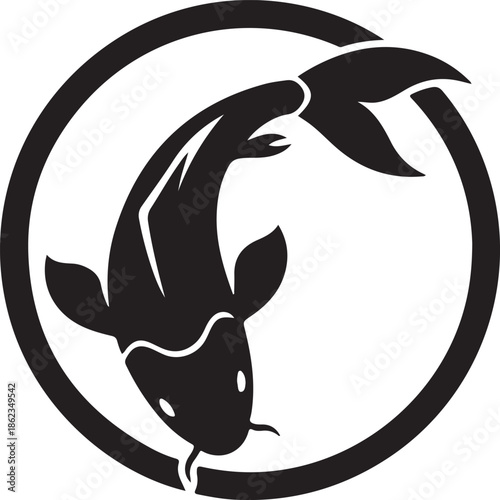A majestic black koi fish gracefully swimming in a circular emblem design