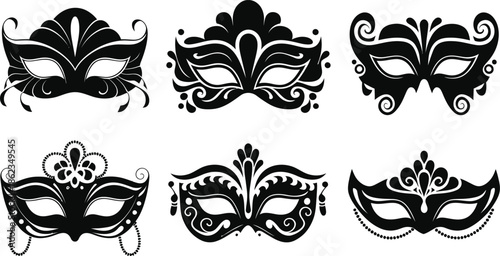 Masquerade Mask Silhouette Vector Collection. Set of decorative black Venetian carnival face masks for Mardi Gras party and costume design
