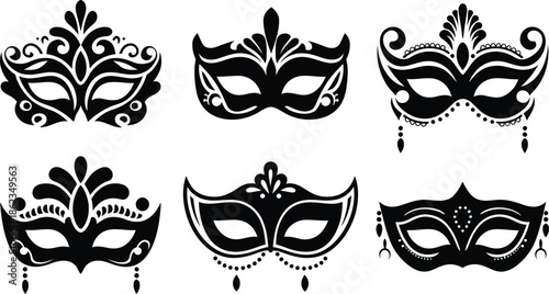 Masquerade Mask Silhouette Vector Collection. Set of decorative black Venetian carnival face masks for Mardi Gras party and costume design