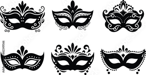 Masquerade Mask Silhouette Vector Collection. Set of decorative black Venetian carnival face masks for Mardi Gras party and costume design