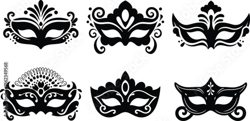 Masquerade Mask Silhouette Vector Collection. Set of decorative black Venetian carnival face masks for Mardi Gras party and costume design