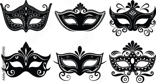 Masquerade Mask Silhouette Vector Collection. Set of decorative black Venetian carnival face masks for Mardi Gras party and costume design