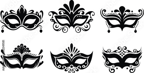 Masquerade Mask Silhouette Vector Collection. Set of decorative black Venetian carnival face masks for Mardi Gras party and costume design