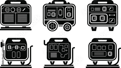 Portable Electric Generator Icon Set. Power Equipment Silhouette Vector Collection.