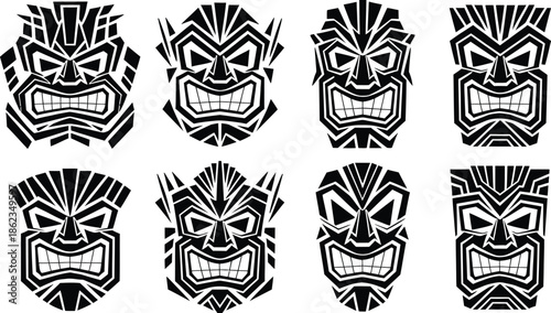 Set of Geometric Tribal Tiki Mask Vector Illustration