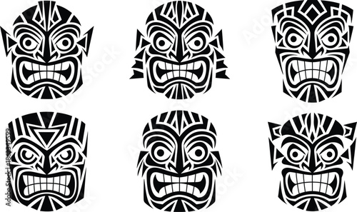 Set of Geometric Tribal Tiki Mask Vector Illustration