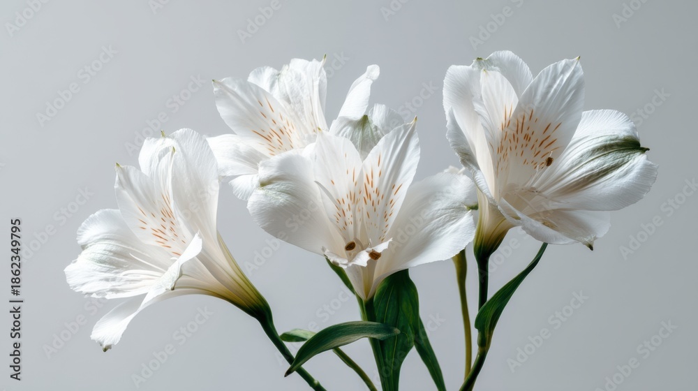 Obraz premium A group of white flowers with delicate petals stands against a plain background. The flowers have green leaves and visible details in their centers. Natural light enhances their appearance.