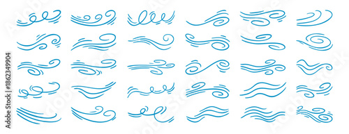 Airflow and wind lines set collection doodle hand drawn icon. Outline drawing breeze flow line clipart symbol.