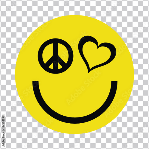 Yellow smiley face with a peace sign in one eye and a heart in the other, representing love and peace