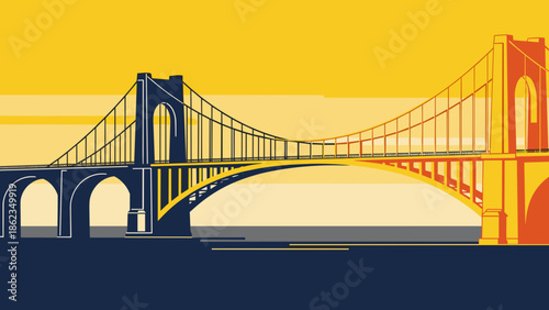 Stylized Illustration of a Large Suspension Bridge with Arches.
