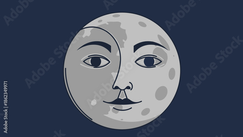 Stylized Moon Face with Human Features and Shaded Detail.