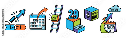Colorful set of leap year icons in a modern graphic style, featuring a calendar, rocket, arrow, and the number 29 to symbolize the extra day in February