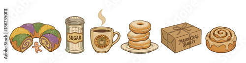 Collection of illustrated Mardi Gras sweets and treats including a king cake, beignets, hot coffee, and a cinnamon roll in a charming hand-drawn vintage style