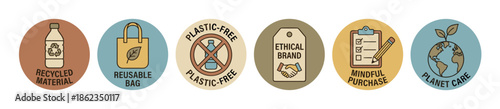 Six circular icons with hand-drawn illustrations promoting conscious consumerism, including planet care, ethical brands, and recycled materials in a muted color palette