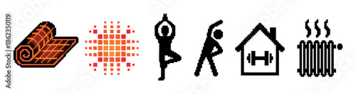Collection of pixelated fitness icons for a home workout, featuring a yoga mat, stretching poses, a heat radiator symbol, and a home gym sign in a retro 8-bit style