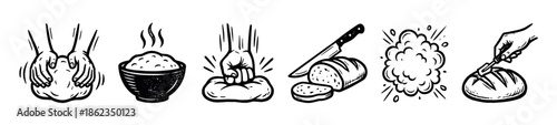 Hand-drawn bread making process icons set showing kneading, rising, punching, slicing, and scoring dough in a rustic, monochrome sketch style for culinary instructions