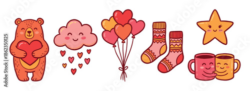 Set of cute hand-drawn Valentine's Day doodle icons including a bear with a heart, cloud, balloons, socks, star, and hugging mugs in a warm color palette