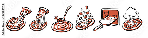Hand-drawn pizza making illustration set showing the cooking process with sauce, toppings, baking in an oven, and a final hot slice with a long cheese pull