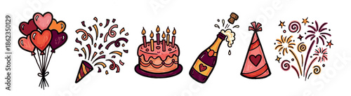 Collection of hand-drawn party celebration icons including a birthday cake, heart balloons, popping champagne, a confetti popper, a festive hat, and fireworks in a doodle style