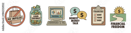 Set of six financial literacy icons showing budgeting, saving, tracking expenses, and achieving financial freedom in a retro hand-drawn illustrative style