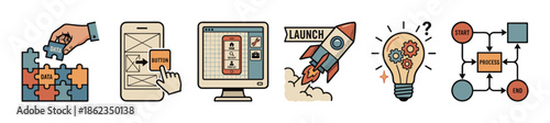 Set of business and technology development icons in a retro hand-drawn style, including a data puzzle, UI wireframe, rocket launch, idea lightbulb, and a process flowchart
