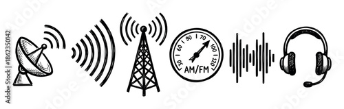 Hand-drawn radio and sound communication icons featuring a satellite dish, broadcast tower, AM/FM dial, audio wave, and headset with a microphone in a sketchy doodle illustration style