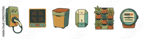 Six sustainable living and green energy illustrations featuring an EV charger, electric meter, compost bin, and induction cooktop in a warm, retro cartoon drawing style