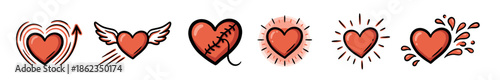 Collection of six red heart icons in a hand-drawn doodle style showing different emotions like beating, flying with wings, stitched, glowing, shining, and splashing