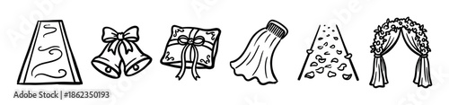 Set of hand-drawn wedding icons including an aisle runner, bells, a gift, a veil, flower petals, and a floral arch in a simple black and white doodle style illustration
