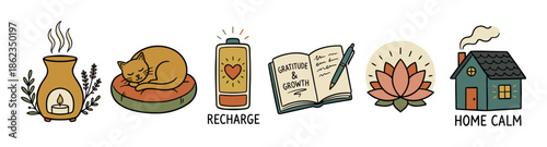 Set of six hand-drawn wellness icons showing a diffuser, sleeping cat, battery, journal, lotus, and cozy home for self-care and mental health concepts