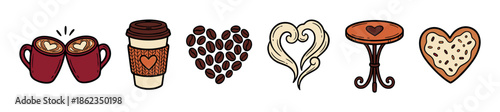 Collection of hand-drawn coffee themed illustrations featuring heart shapes, including mugs with latte art, a takeaway cup, beans, steam, a cafe table, and a cookie