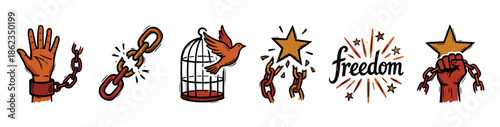 Set of hand-drawn freedom icons showing broken chains, a bird escaping a cage, a raised fist holding a star, and other liberation symbols in a vintage doodle style illustration