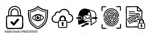 Hand drawn black and white icon set representing cybersecurity, data privacy, GDPR, and online protection with a sketchy doodle style, including a padlock, shield, and fingerprint